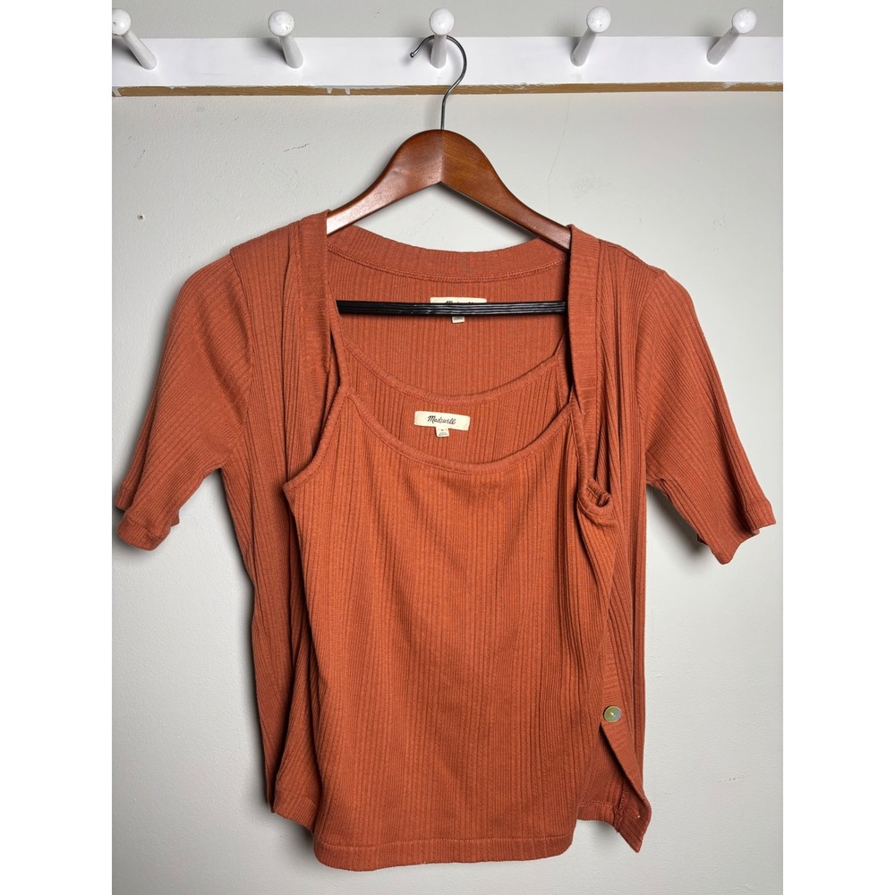 Madewell Ribbed Button Front Cardigan & Tank Set Rust Orange Small - Picture 4 of 6